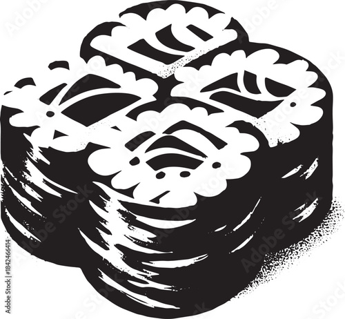 Monochrome Sushi Roll Illustration, Expressive Ink Strokes, Trad