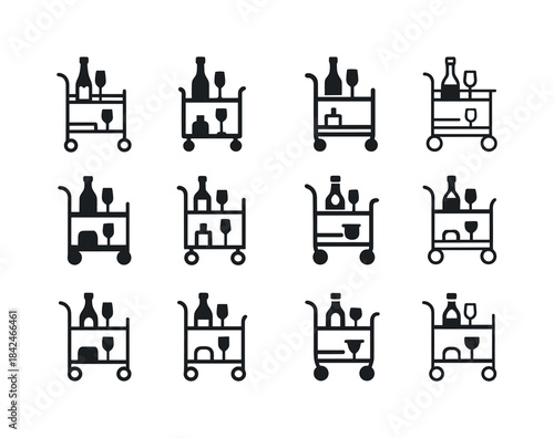 Bar Cart Logos. Stylish Bar Cart with Liquor and Glassware for E