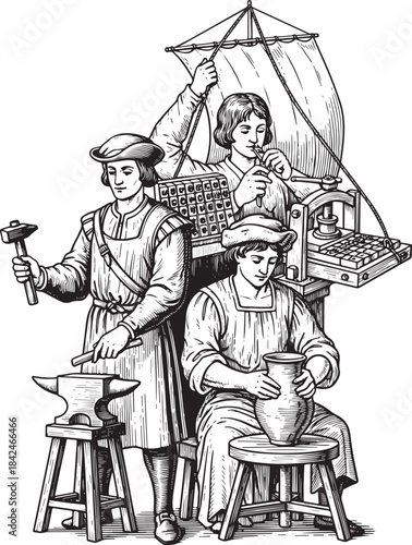 Renaissance Craftsmen at Work: A Woodcut-Style Illustration of M