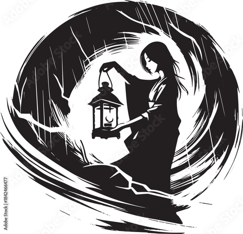 Enigmatic lantern bearer: Black and white illustration in a swir