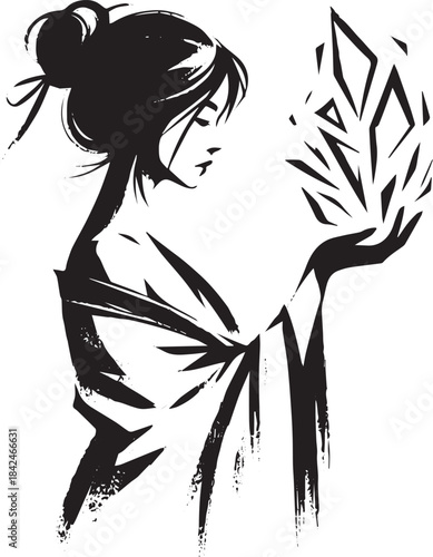 Minimalist Sumi-e Illustration of a Woman Holding Shattered Glas