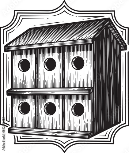 Antique Engraved Illustration of a Multi-Family Birdhouse Design