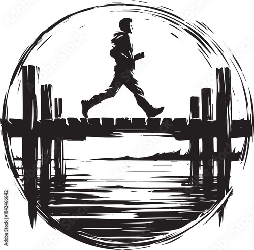 Monochromatic illustration of a man walking on a desolate pier w
