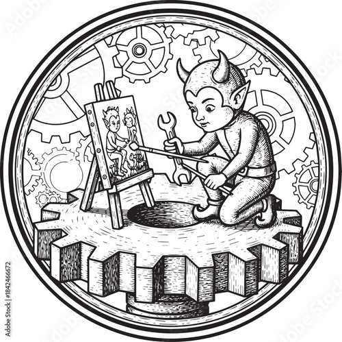 Engraved illustration depicting imp artist painting portrait on