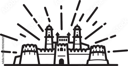 Black and white line art of a fortified castle with radiating lines