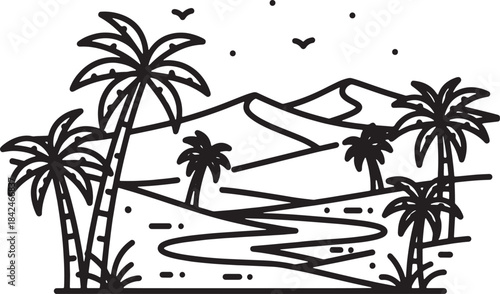 Black and white line art tropical landscape with palm trees and mountains