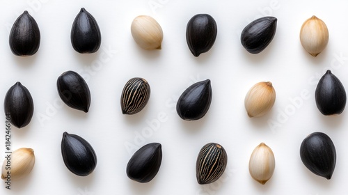 Black and beige seeds arranged in a geometric pattern.