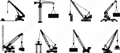 Black Silhouette Set of Heavy Duty Construction Cranes, Industrial Lifting Machinery, and Material Handling Equipment for Building and Job Site Operations.