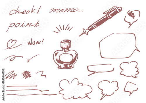 万年筆とインクでラフに書かれたあしらいのセット