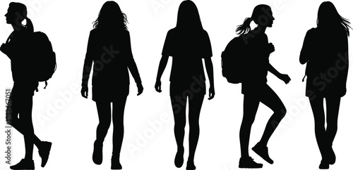 Female Silhouette Figures Walking and Standing – Casual Posture Scene with Backpacks and Motion Poses for Lifestyle and Design Use