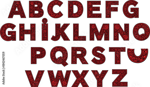 Decorative Swirl Alphabet Letters A–Z – Red and Black Ornamental Uppercase Font for Typography, Design, and Artistic Use