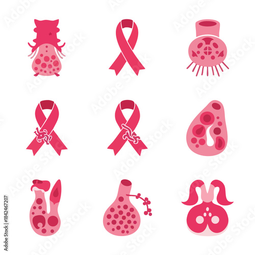 Breast Cancer Awareness Vector Icon Set Pink Ribbons Mammary Glands and Cancer Cells for Health Campaigns and Medical Support