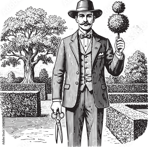 Engraved Illustration of Dapper Gardener with Topiary in Ornamen
