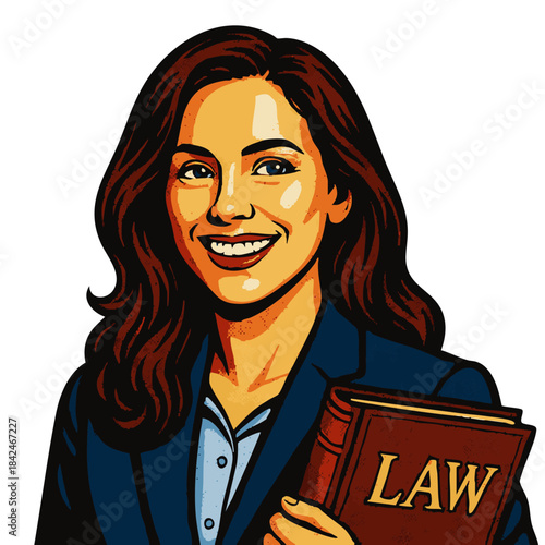 smiling female lawyer in a blazer, holding a red law book with confidence. Generative ai vector colorful pop art illustration.