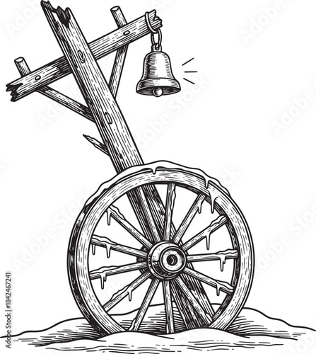 Engraved depiction of vintage wheel with bell, winter-themed mon