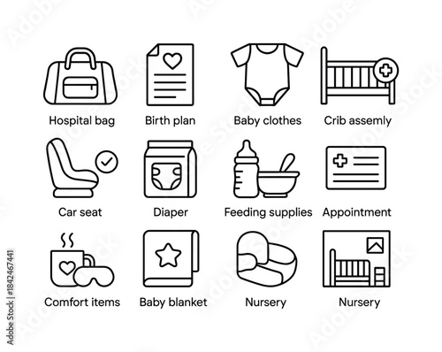 Pregnancy Essentials Icons. Pregnancy Preparation. Line icon set