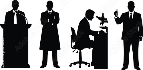 Professional Activity Silhouettes – Scientists, Medical Experts, and Public Speakers in Lab, Research, and Presentation Poses for Design Use