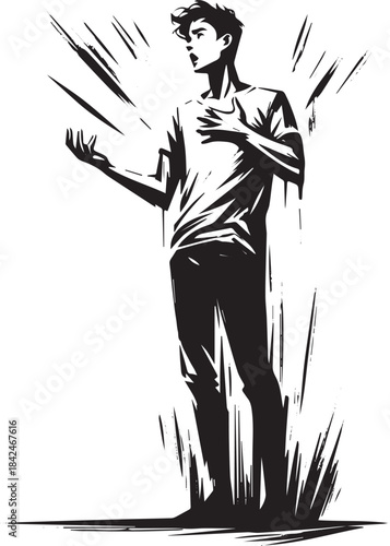 Awe-struck individual in sumi-e style, monochromatic, minimalist