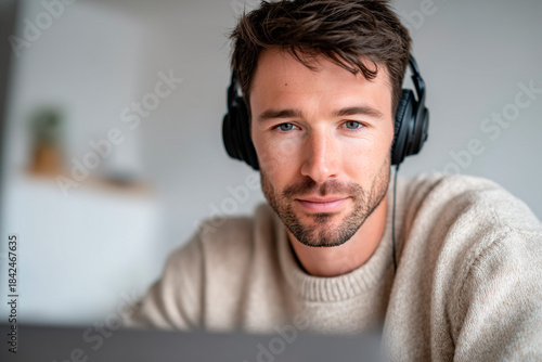 Young man wearing headphones with a focused expression, looking directly at the camera, potentially working, studying, or enjoying music at home.