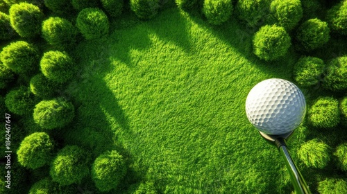Golf ball on a textured green surface with decorative shrubs.