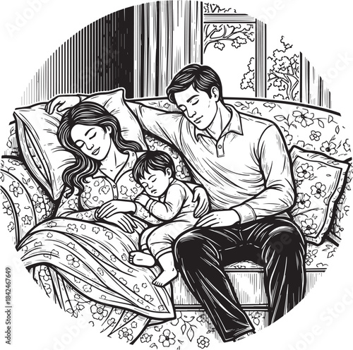 Engraved Illustration of a Family Sleeping Together Peacefully o