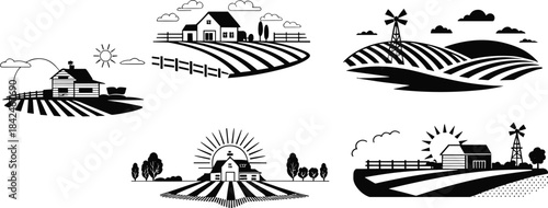 Stylized Farm Landscape Silhouettes – Barns, Fields, Windmills, and Trees in Black-and-White Rural Scenes for Agriculture and Design Use