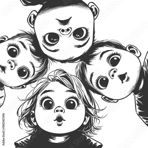 babies with wide eyes and open mouths, staring downward in amazement and curiosity sketch engraving generative ai fictional character vector illustration. Scratch board imitation. Black and white.