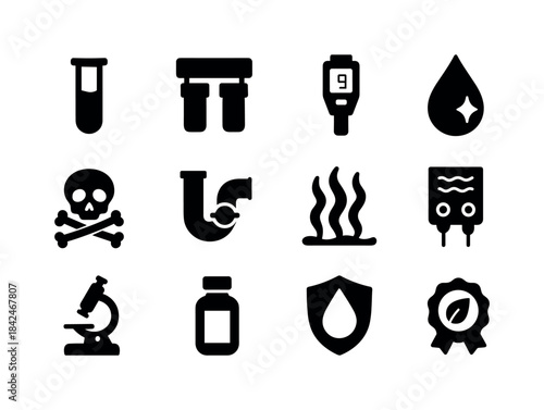 Water Quality Icons. Water quality protection. Solid icon set of