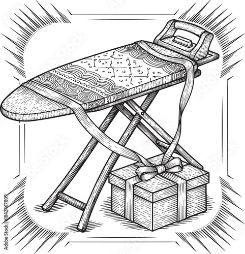 Whimsical Ironing Board and Gift, Hand-Drawn Black and White Woo