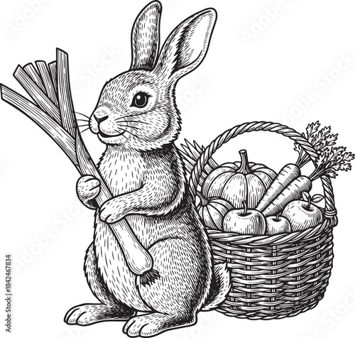 Engraved Illustration of Rabbit Holding Leeks Beside a Basket Fu