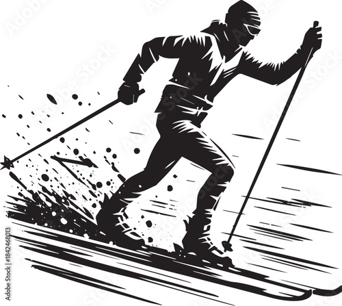 Serene cross-country skiing adventure in minimalist black and wh