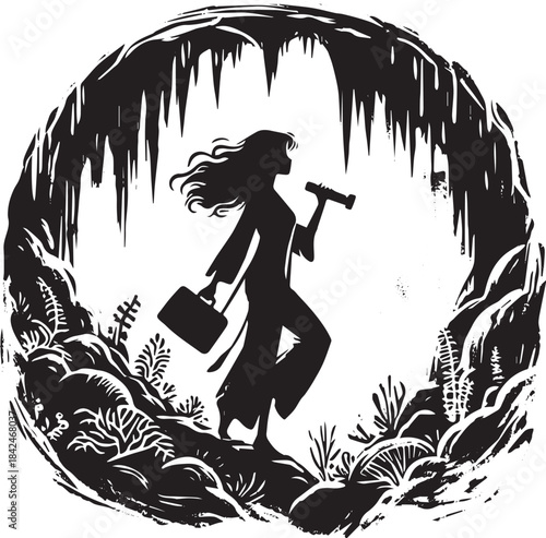 Monochrome adventure woman explorer in cave entrance with briefc