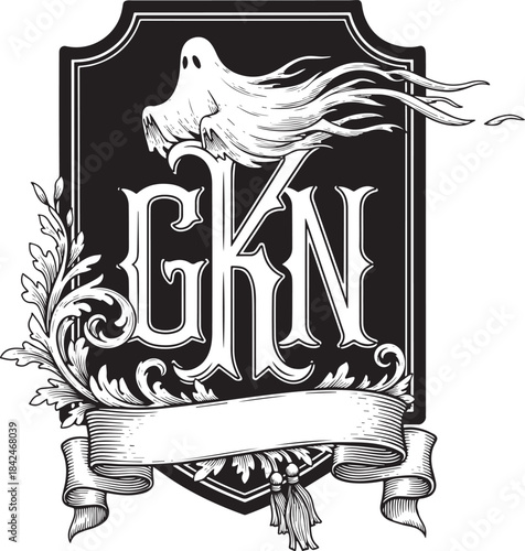 Engraved illustration of a ghostly apparition perched atop ornat