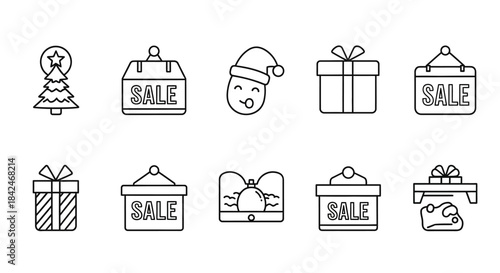Festive Icon Collection: A collection of simple, stylized icons capturing the essence of the season with Christmas tree, sale sign and gift boxes 