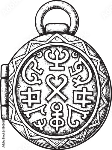 Detailed Engraving of Antique Locket with Mystical Symbols and O