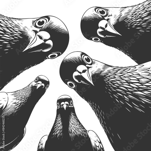 pigeons looking down, humorous visual concepts sketch engraving generative ai fictional character vector illustration. Scratch board imitation. Black and white image.