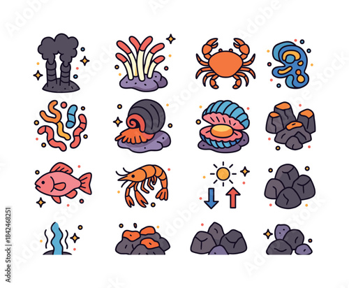 Vibrant Hydrothermal Icons. Hydrothermal vent life. Colorful iso
