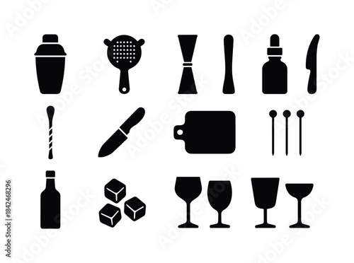 Cocktail Icon Set. Cocktail essentials. Solid icon set of cockta
