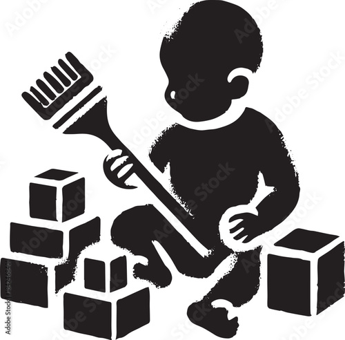 Playful Cub: Silhouette of Baby with Toy Blocks in Simple Sumi-e
