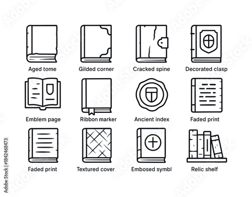 Book Relics Icons. Book relics. Line icon set of book relics: ag