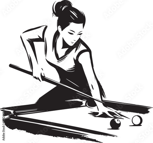 Dynamic monochrome sketch of a female billiards player poised to