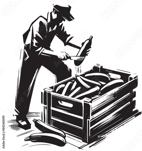 Monochrome sumi-e style illustration of a man harvesting fresh z