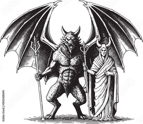 Engraving Depicting Demon King and His Priestess Holding Ceremon