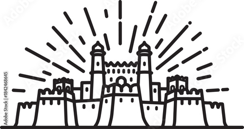 Black outline of a fortified castle with radiating lines