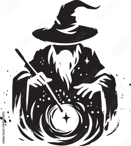 Mystical sorcerer conjuring magic in sumi-e style, a simple mono