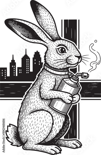 Engraved Urban Hare Holding Blowtorch with Cityscape Backdrop Il