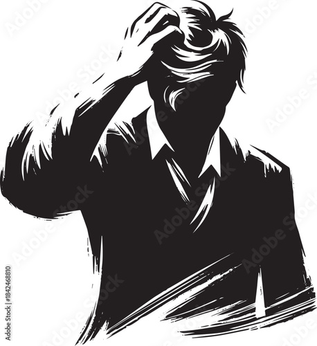 Monochrome sumi-e illustration of a thoughtful man scratching hi