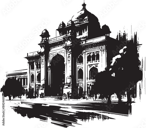 Minimalist sumi-e style iconic building with elaborate archways