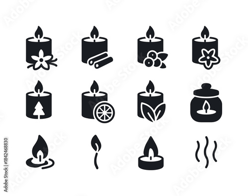 Scented Candle Icons. Scented candles. Solid icon set of Scented