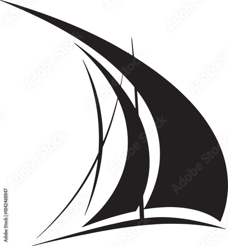 Black sailboat silhouette with curved sails sailing